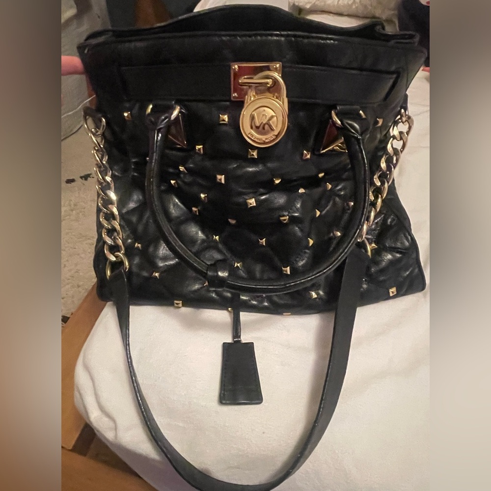 Michael Kors Black Quilted Studded Tote with Gold Hardware and Chain Straps